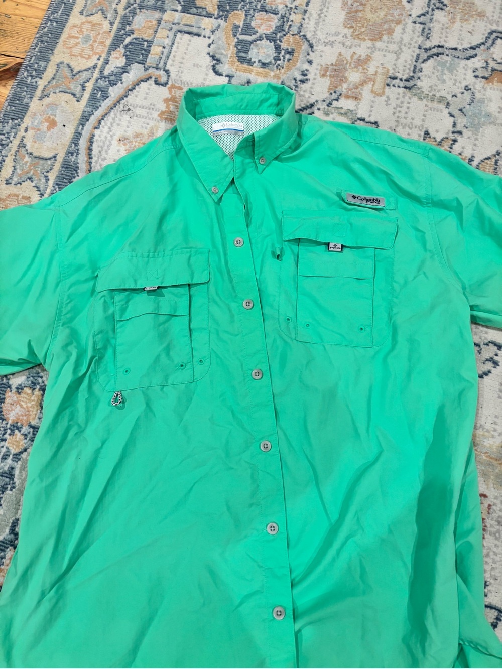 Columbia Teal Green Short Sleeve Button-Down Fishing Shirt